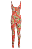 Orange Sexy Print Patchwork Square Collar Skinny Jumpsuits