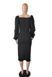 Black Fashion Solid High Opening Square Collar Pencil Skirt Dresses