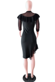 Black Fashion Print Flounce O Neck Straight Dresses