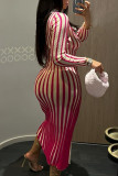 Pink Fashion Sexy Striped Slit V Neck Wrapped Skirt Dresses