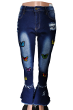 Baby Blue Casual Butterfly Print Patchwork Boot Cut Denim Jeans