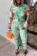 Green Fashion Casual Print Patchwork Turndown Collar Long Sleeve Two Pieces