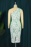 Green Fashion Sexy Formal Patchwork Backless With Bow Oblique Collar Evening Dress