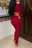 Blue Fashion Sexy Solid Bandage Hollowed Out V Neck Skinny Jumpsuits