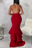 Colorful Blue Sexy Solid Patchwork Flounce Spaghetti Strap Evening Dress Dresses