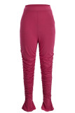Pink Fashion Casual Solid Fold Regular High Waist Trousers