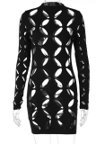Rose Red Sexy Solid Hollowed Out O Neck Pencil Skirt Dresses