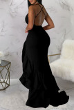 Colorful Blue Sexy Solid Patchwork Flounce Spaghetti Strap Evening Dress Dresses