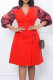 Red Casual Print Patchwork Buckle Turn-back Collar A Line Dresses