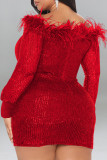 Red Sexy Solid Sequins Patchwork Feathers Off the Shoulder Pencil Skirt Dresses