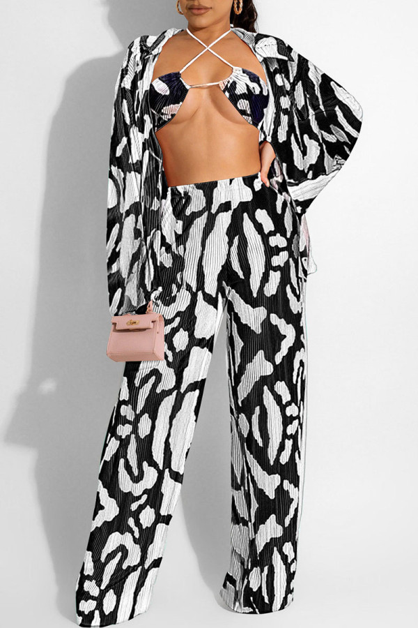 Black And White Sexy Print Patchwork Turndown Collar Long Sleeve Three Pieces