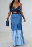 Blue Fashion Sexy Patchwork Backless Contrast Sleeveless Two Pieces