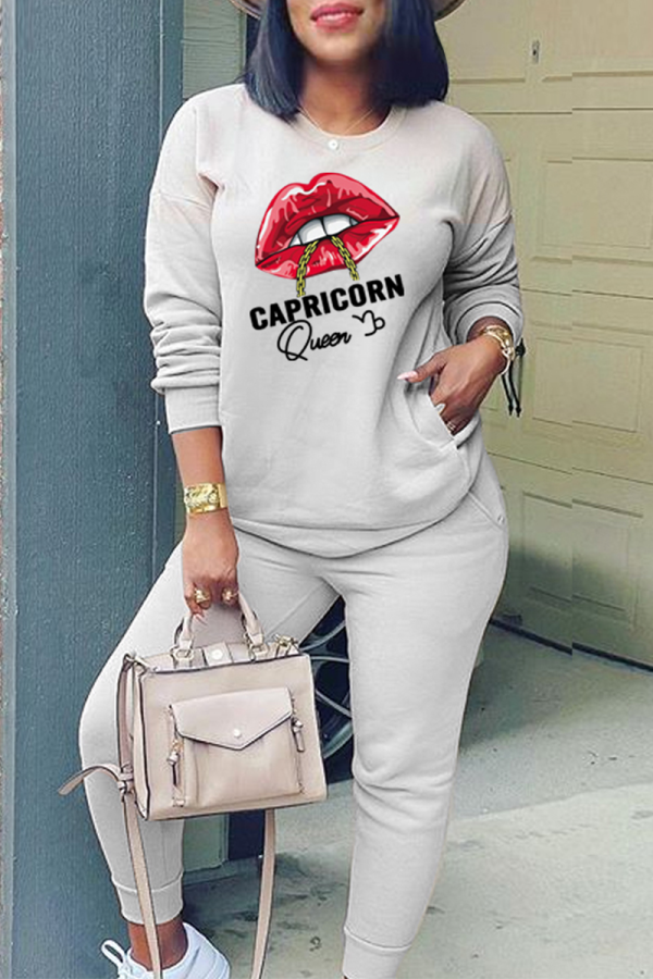 Grey Fashion Lips Printed Patchwork O Neck Long Sleeve Two Pieces