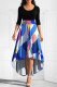 Blue Casual Elegant Print Patchwork Asymmetrical O Neck A Line Dresses