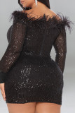 Red Sexy Solid Sequins Patchwork Feathers Off the Shoulder Pencil Skirt Dresses