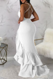 Colorful Blue Sexy Solid Patchwork Flounce Spaghetti Strap Evening Dress Dresses