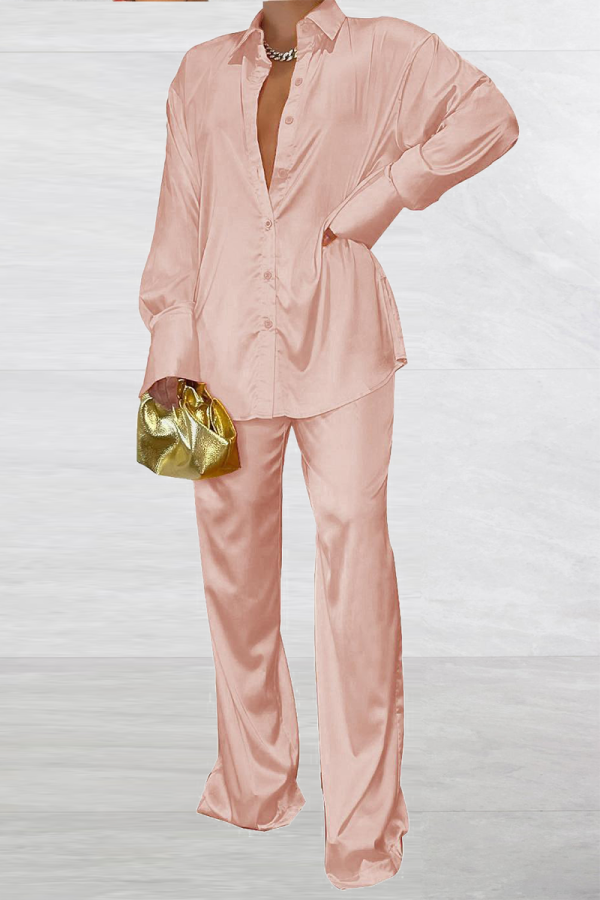 Champagne Casual Solid Patchwork Turndown Collar Long Sleeve Two Pieces