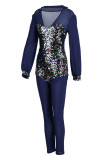 Blue Fashion Sexy Patchwork Sequins See-through V Neck Skinny Jumpsuits