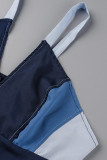 Blue Fashion Sexy Patchwork Backless Contrast Sleeveless Two Pieces