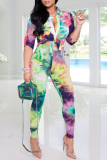 Colour Sexy Patchwork Tie-dye Turndown Collar Long Sleeve Two Pieces