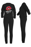 Red Bean Powder Fashion Lips Printed Patchwork O Neck Long Sleeve Two Pieces