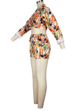 Orange Casual Print Patchwork Turndown Collar Long Sleeve Two Pieces