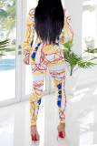 Colour Sexy Patchwork Tie-dye Turndown Collar Long Sleeve Two Pieces