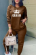 Dark Brown Fashion Print Patchwork O Neck Long Sleeve Two Pieces