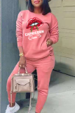 Red Bean Powder Fashion Lips Printed Patchwork O Neck Long Sleeve Two Pieces