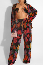 Red Black Sexy Print Patchwork Turndown Collar Long Sleeve Three Pieces