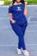 Blue Fashion Casual Print Letter Oblique Collar Short Sleeve Two Pieces