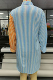 Yellow Casual Striped Print Patchwork Buckle Turndown Collar Shirt Dress Dresses