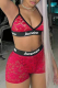 Red Sexy Print Mesh Spaghetti Strap Sleeveless Two Pieces