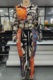 Black Casual Print Patchwork Buckle Turndown Collar Long Sleeve Two Pieces