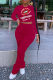 Burgundy Fashion Lips Printed Patchwork O Neck Long Sleeve Two Pieces