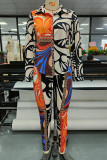 Black Casual Print Patchwork Buckle Turndown Collar Long Sleeve Two Pieces