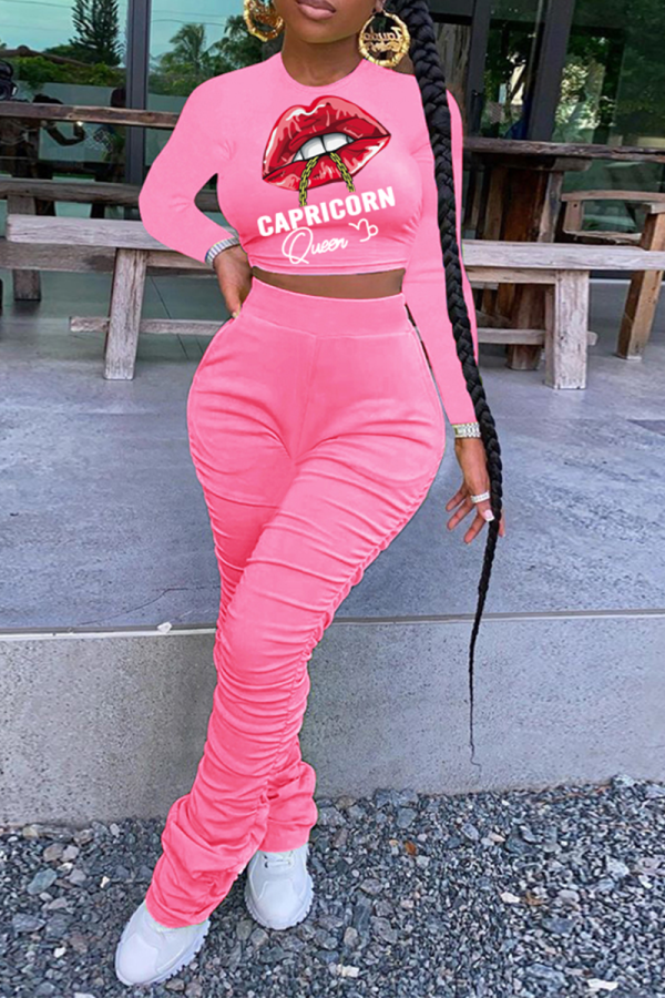 Pink Fashion Lips Printed Patchwork O Neck Long Sleeve Two Pieces