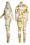 Colour Sexy Patchwork Tie-dye Turndown Collar Long Sleeve Two Pieces