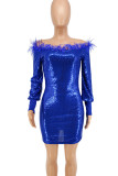 Red Sexy Solid Sequins Patchwork Feathers Off the Shoulder Pencil Skirt Dresses