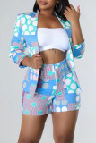 Green Fashion Casual Print Patchwork Turn-back Collar Long Sleeve Two Pieces