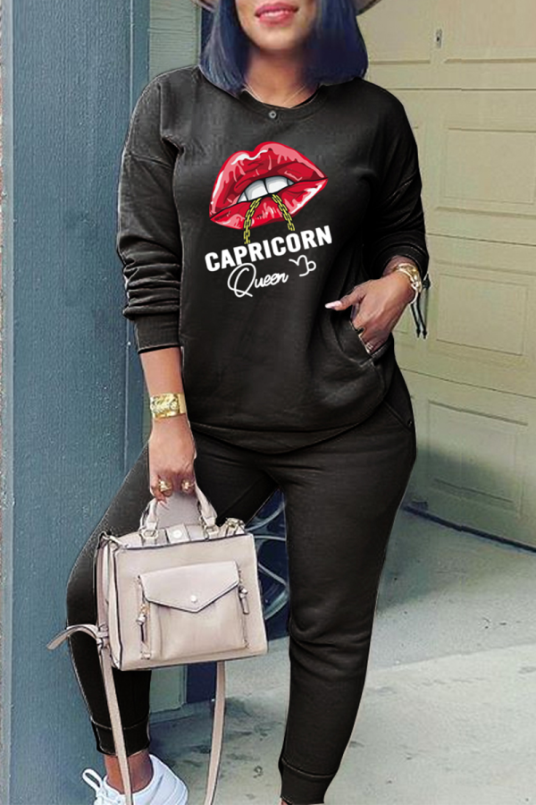 Black Fashion Lips Printed Patchwork O Neck Long Sleeve Two Pieces