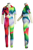 Colour Sexy Patchwork Tie-dye Turndown Collar Long Sleeve Two Pieces