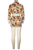 Orange Casual Print Patchwork Turndown Collar Long Sleeve Two Pieces