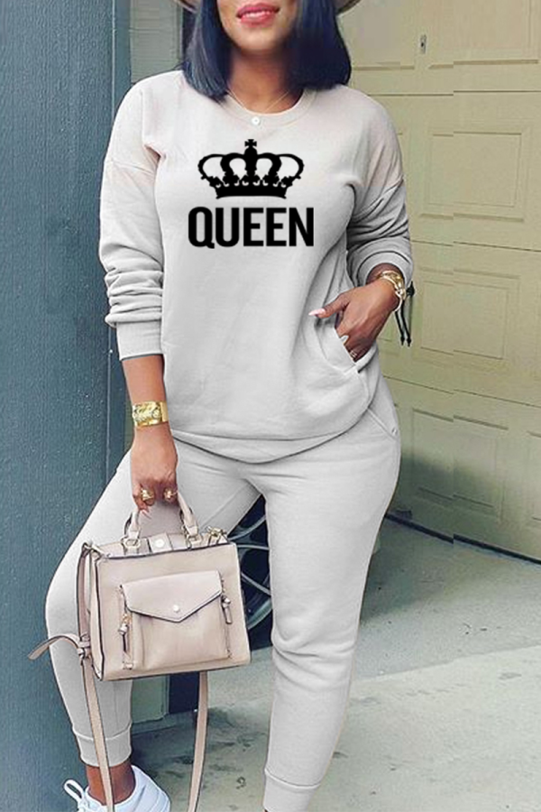 Grey Fashion Print Patchwork O Neck Long Sleeve Two Pieces