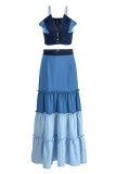 Blue Fashion Sexy Patchwork Backless Contrast Sleeveless Two Pieces