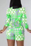 Green Fashion Casual Print Patchwork Turn-back Collar Long Sleeve Two Pieces