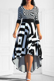 Gradient Color Casual Elegant Print Patchwork Asymmetrical O Neck A Line Dresses