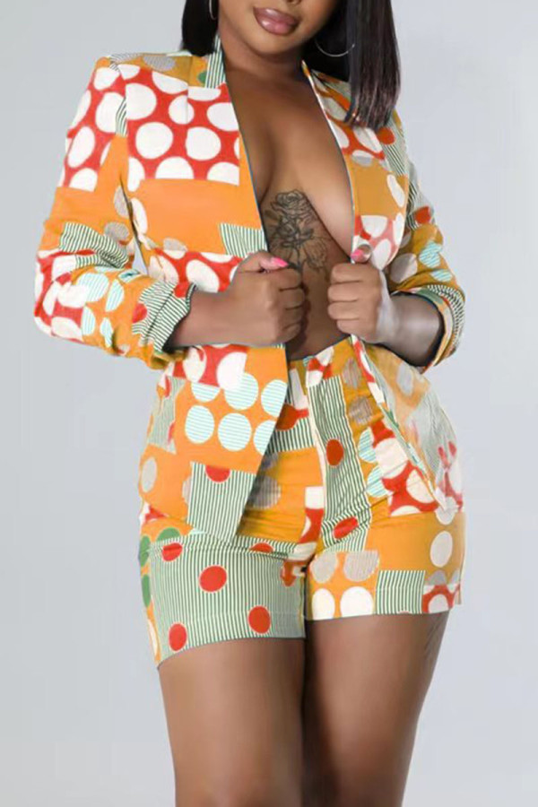 Orange Fashion Casual Print Patchwork Turn-back Collar Long Sleeve Two Pieces