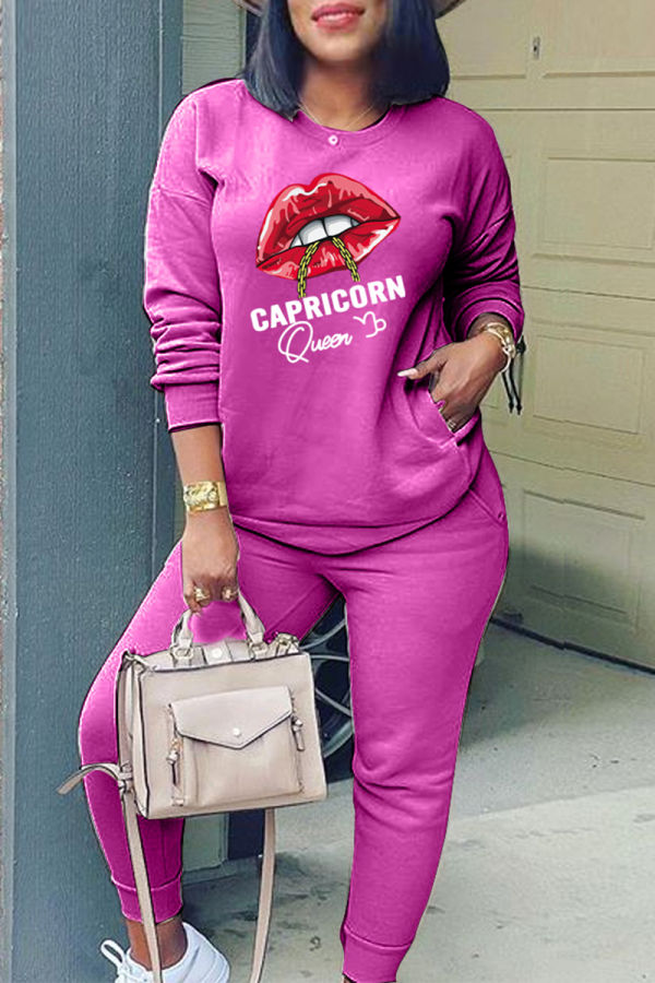 Rose Red Fashion Lips Printed Patchwork O Neck Long Sleeve Two Pieces
