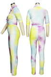 Colour Sexy Patchwork Tie-dye Turndown Collar Long Sleeve Two Pieces